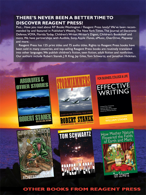 Reagent Press has 125 print titles and 75 audio titles. Rights to Reagent Press books have been sold in many countries, and top-selling Reagent Press books are routinely translated into other languages. We publish children's fiction, teen fiction, adult fiction and nonfiction. Our authors include Robert Stanek, J R King, Jay Giles, Tom Schwartz, and Jonathan Hickman.